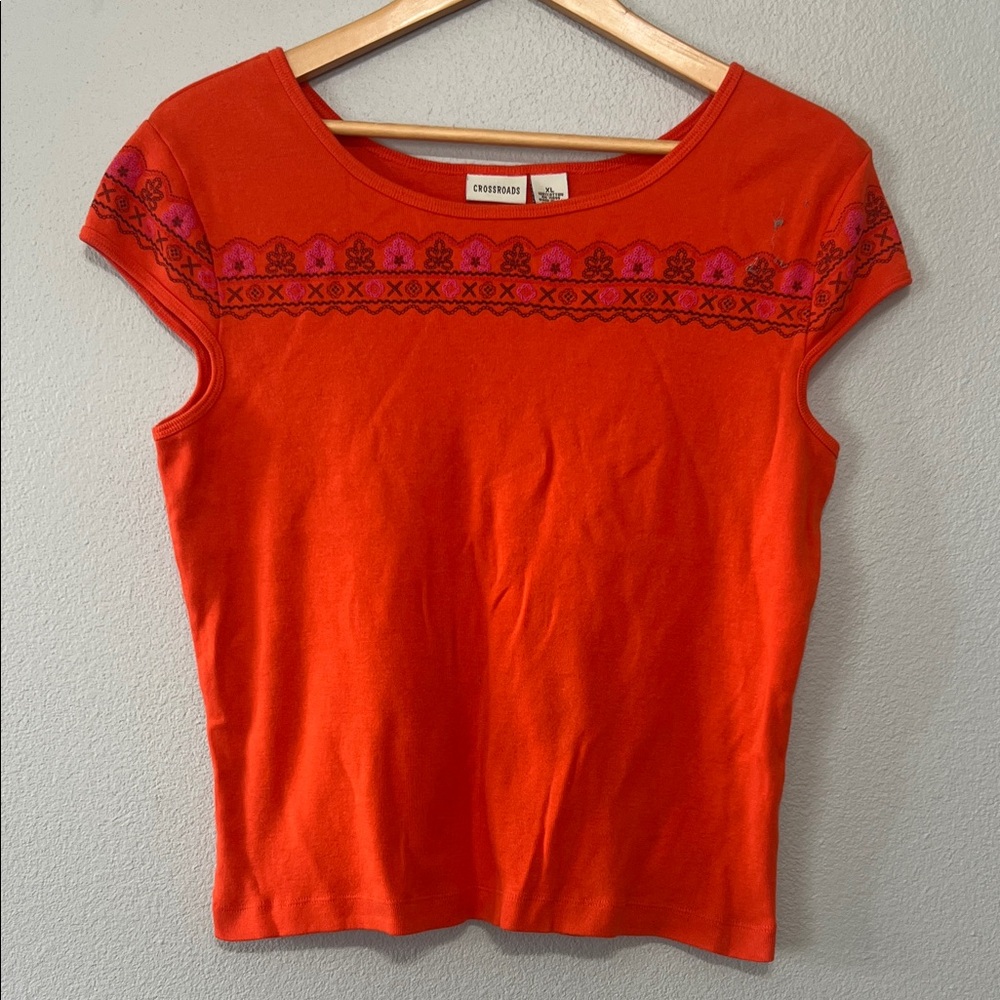 Vintage 2000 Y2K‎ Boho Cap Sleeve Baby Tee Bohemian Orange Women’s XL CrossRoads